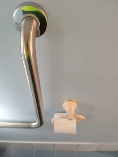 A stainless steel grab rail installed beside a toilet